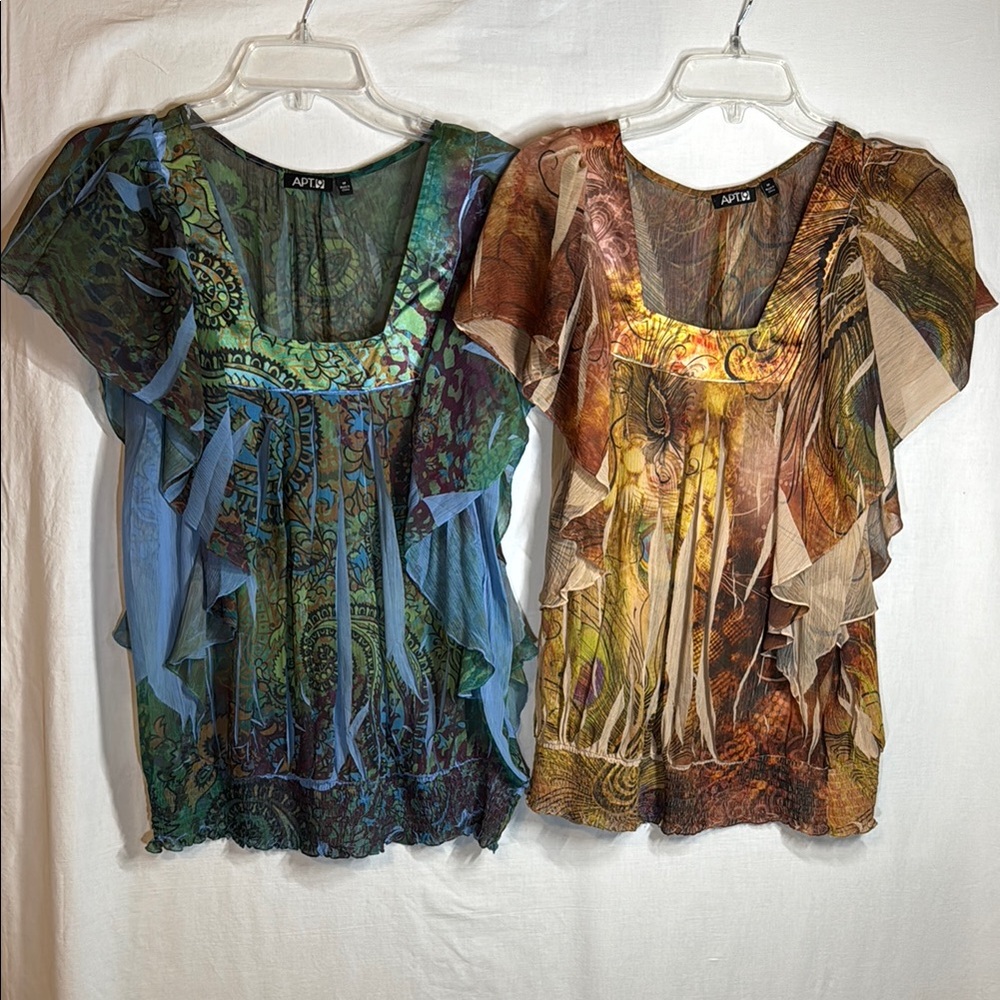 Apt. 9 Peacock Print Puff Sleeve Ruffled Blouses (set of 2)